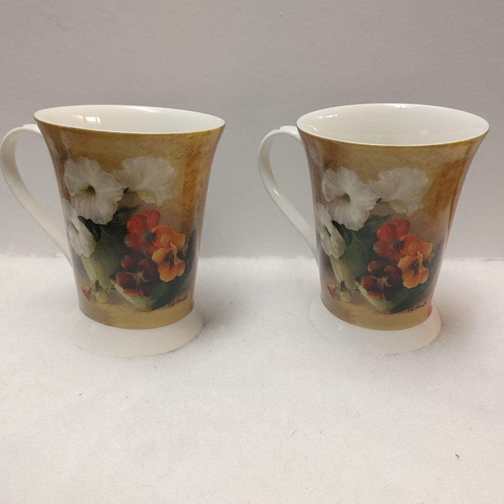 Set Pimpernel Antique Mugs 8124 Floral offering Large Mugs 4.75" Hight Set of 2